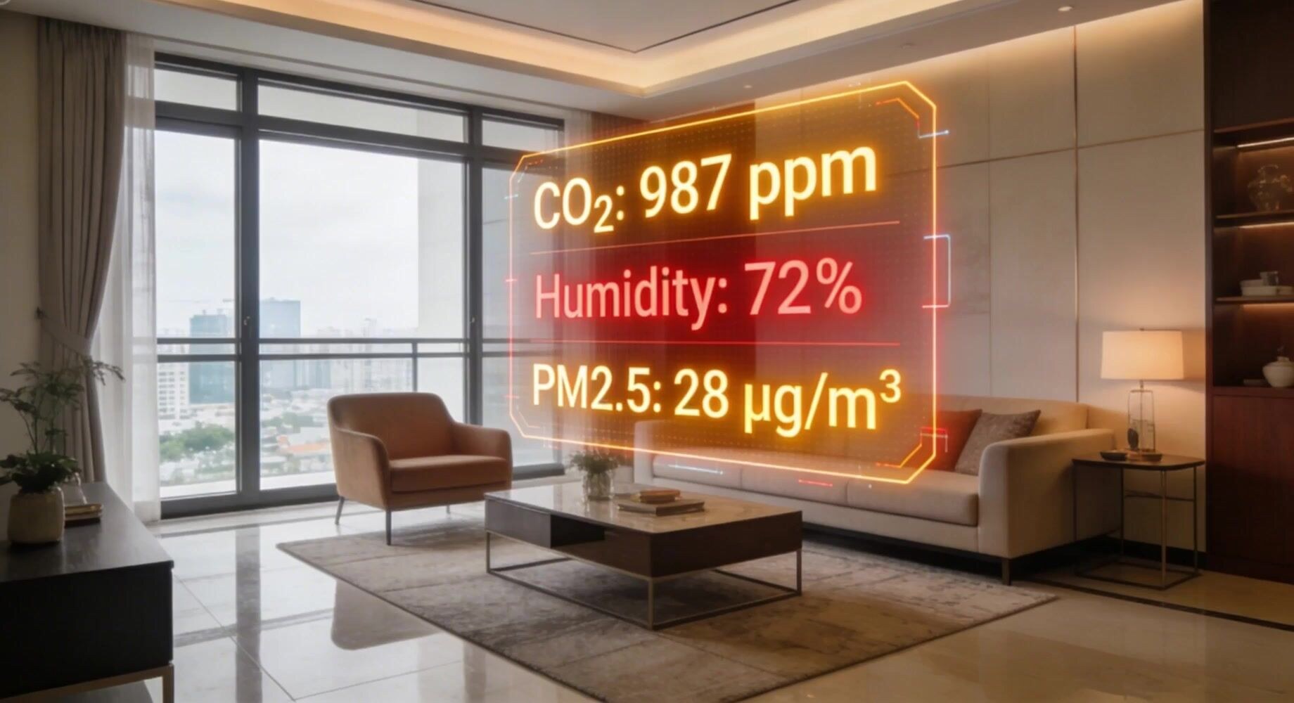 Smart home with floating IAQ alert dashboard showing CO2 987ppm, Humidity 72%, PM2.5 28